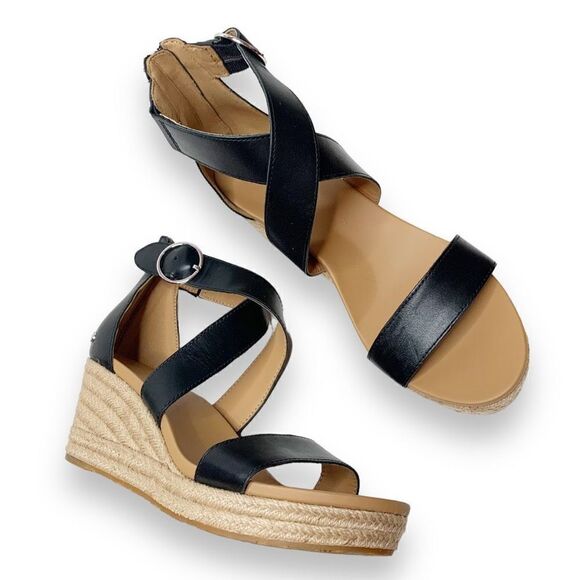 Ugg Hylda Black Leather Strappy Espadrille Wedge Sandals Ankle Buckle Women’s 11 - Picture 2 of 10